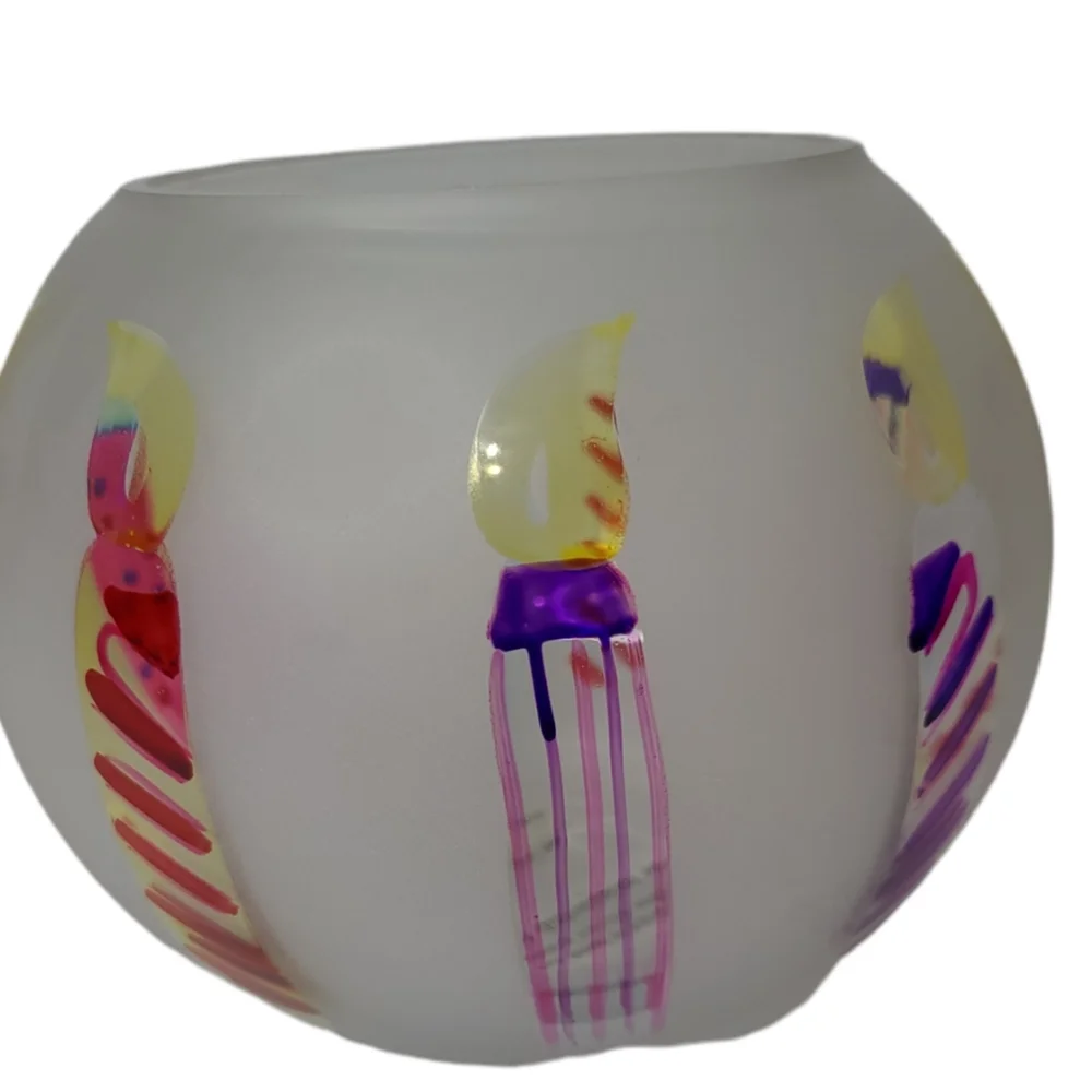 TeleFlora Circle Frosted Glass Vase Bowl w/‎ Multi-Color Hand Painted Candles